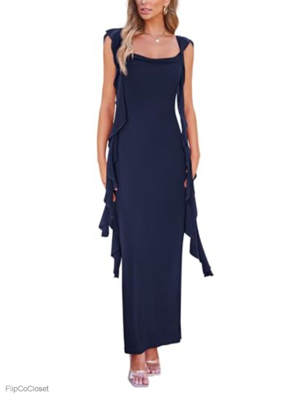 Ruffle Bodycon Maxi Dress - Open Back, Sweetheart Neckline